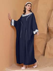 Al Najma 女士土耳其和阿拉伯传统长款束腰外衣，露肩袖饰边，春夏季，朴素的卡夫坦 - 寶藍色 - 查看 8