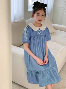 DAZY 青少年女孩拼色娃娃脸和蝴蝶结装饰梭织短袖连衣裙，夏季，返校服装 - 藍色 - 查看 5