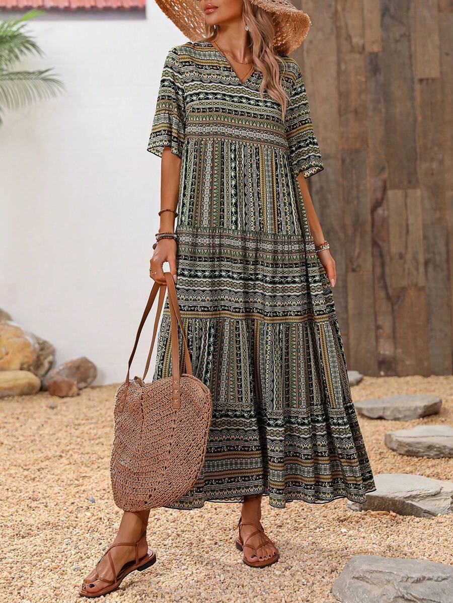 Breezaya 印花缺口领连衣裙 长款度假海滩装 女装 - 綠色 - 查看 1