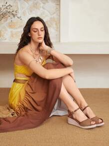 Styleloop Women's Woven Rope Platform Wedge Sandals, Boho Style, Retro American Western Music Festival Party Outfit Holiday Travel Essential Boho Cowgirl Outfit - Camel - View 2