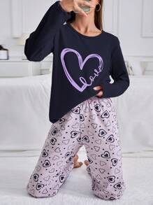 EURMUSE 100% Cotton 2Pcs  Contrast Colour Heart Printed PJ Set - Purple - View 3