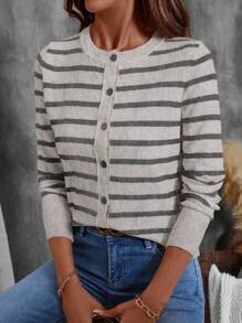 SHEIN LUNE Casual Commute Versatile Simple Striped Cardigan - Multicolor - View 3