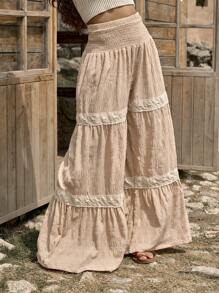 LanaWest Western Country Inspired Women's Wide Leg Pants With Textured Fabric And Ruffle Trim Fall Cloth For Women - Apricot - View 4