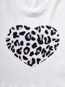 Tween Girls Sets White And Gray Color Scheme, Gray And Black Heart Leopard Print Short Sleeves Paired With Black And Gray Leopard Print Bell Bottoms - Grey - View 7