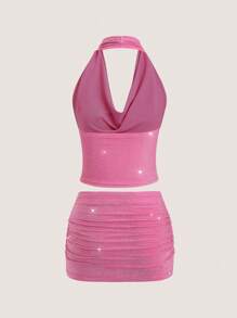 SHEIN Unity Women's 2pcs Sexy Spaghetti Strap Glitter Mini Dress Set - Pink - View 2