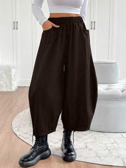 Chiquease Women Solid Color Elastic Waist Pockets Loose Casual Wide Leg Pants