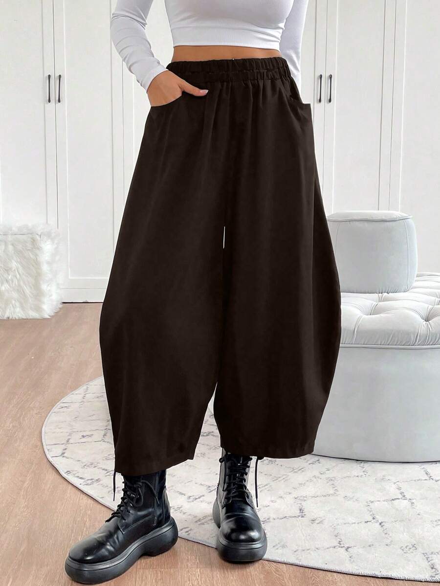 Chiquease Women Solid Color Elastic Waist Pockets Loose Casual Wide Leg Pants - Coffee Brown - View 1