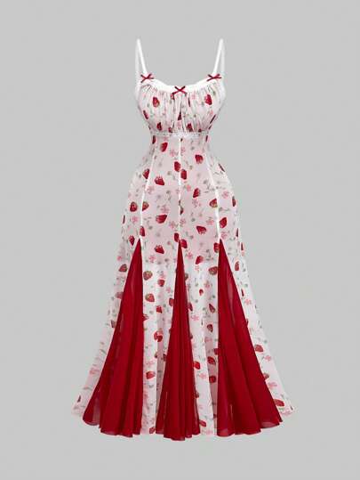 ROMWE Kawaii Plus Size Elegant Christmas Strawberry All-Over Print Bodycon Sweetheart Mermaid Dress