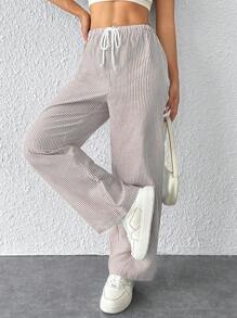 SHEIN PETITE Striped Women's Linen Low Rise Pants, Summer Vacation - Brown - View 3