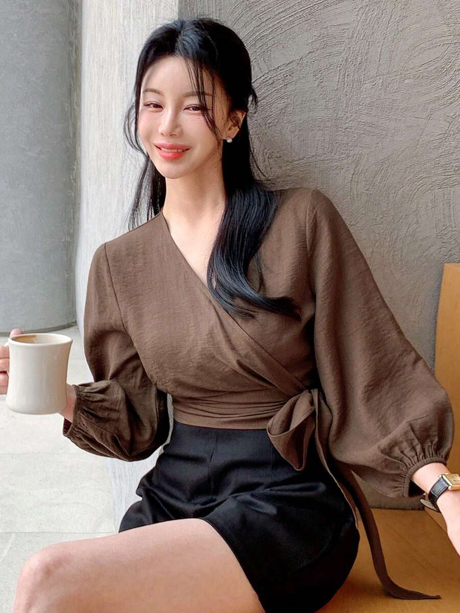 DAZY 女士纯色系带斜领长袖休闲夏季衬衫 - 棕色 - 查看 1