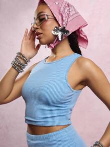 SUMWON WOMEN Ribbed Jersey Crop Top And Mini Skirt Co-Ord Set, Y2K Style Fitted Two Piece Outfit With Accessories, Festival Summer Matching Set