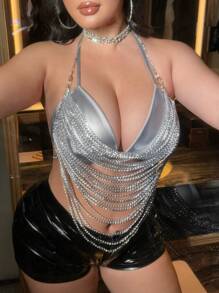 Flirla 2pcs/Set Party Rave Music Festival Metallic Chainlink Neck Crop Top And Bralette Camisole Set - Silver - View 8
