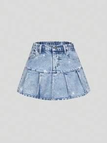 Tween Girls Fashion Light Blue Denim Washed Rhinestone Pleated Casual Elastic Waist Girls Denim Skirt