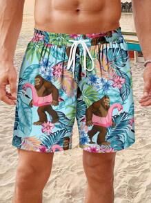 Manfinity RSRT Men's Tropical Plant Print Drawstring Waist Loose Casual Shorts - Multicolor - View 1