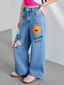 Tween Girl Bohemian Distressed Letter & Cartoon Print Straight Leg Jeans With Oblique Pockets, Summer Set - Light Wash - View 5