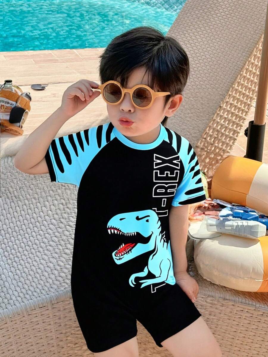 SHEIN Kid's Boys Dinosaur Print Comfortable Lycra Rashguard Swimsuit - Blue - View 1