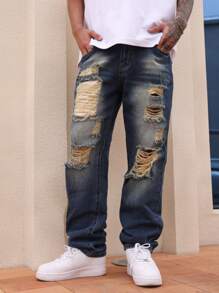Manfinity LEGND Men's Casual Washed Distressed Straight Leg Jeans - Medium Wash - View 3