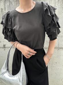 FRIFUL Maglietta casual estiva da donna a maniche corte, collo tondo, in colore unito, con maniche a balze e vestibilità morbida