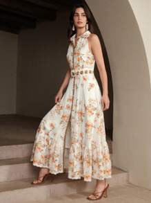 Anewsta Vestido de mujer elegante y romántico con volantes en el bajo, sin mangas, con estampado floral, para vacaciones/citas, atuendo casual para primavera/verano, ideal para festivales y vacaciones