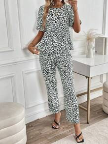 Chiquease Women Leopard Print Ruffle Hem Round Collar Short Sleeve Top And Pants Casual 2pcs Set, Spring Summer - Multicolor - View 6