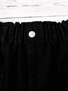 Quần short denim cạp cao rộng rãi màu đen cho bé gái tuổi teen có thiết kế viền tua rua, đa năng và thời trang để mặc hàng ngày - màu đen - Xem 5