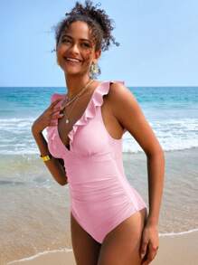 SHEIN Swim Vcay Bộ đồ bơi một mảnh cổ chữ V sâu xếp nếp màu trơn gợi cảm dành cho nữ đi nghỉ mát - Hồng - Xem 7