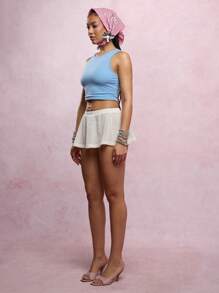 SUMWON WOMEN Summer Knit Mini Skirt Crochet Lace Tennis Style Spring High Waist Leisure Wear Vacation Beach Skater Ruffle Hemline