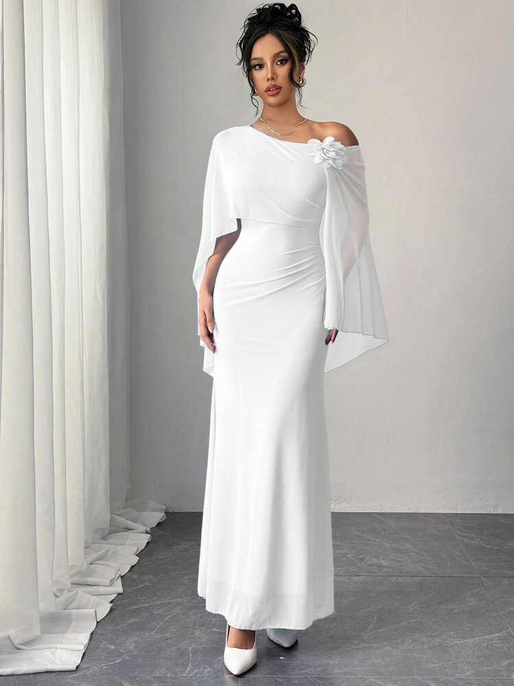 Vestido Longo Plissado em Linha A Elegante, Charmoso e Romântico, com Tule Floral 3D, Perfeito para Encontros, Danças e Festas - Branco - Visão 4