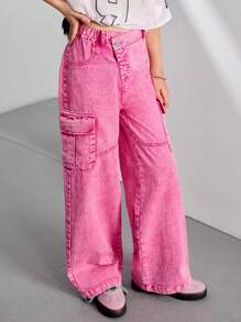 Girls' Y2K Style Washed Pink Loose Asymmetric Waist Pockets Wide Leg Jeans, Casual And Versatile For Daily Wear, Minimalist & Fashion Forward Design - Pink - View 5