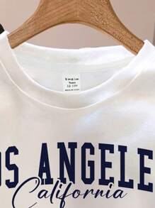 SHEIN Leap Crew 休闲简约度假风格少女白色超大针织 T 恤，带有椰子树和“洛杉矶”图案，适合夏季 - 彩色 - 查看 3