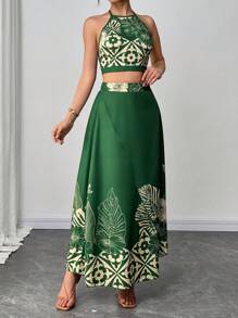 SHEIN Unity 两件套女士碎花露脐吊带上衣和半身裙套装，度假风 - 綠色 - 查看 5