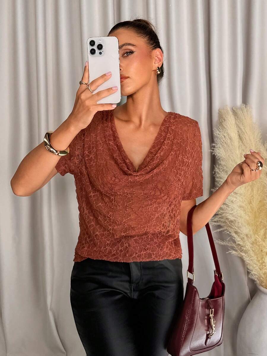 SHEIN Clasi Brown Lace Scoop Neck Loose Women T-Shirt Summer For Women Summer Tops Women Sexy For Women Summer Tops Country Concert