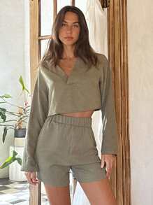 Cloudara Cottonline Women's Lihgt  Green Airy  Long Sleeve Top &Short Linen Two Piece Sets - Army Green - View 3