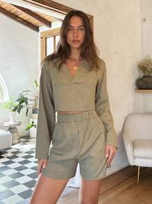 Cloudara Cottonline Women's Lihgt  Green Airy  Long Sleeve Top &Short Linen Two Piece Sets - Army Green - View 4