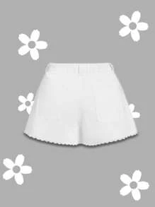 SHEIN MOD 加大码白色牛仔短裤蕾丝甜美短裤夏季短裤 - 白色 - 查看 2