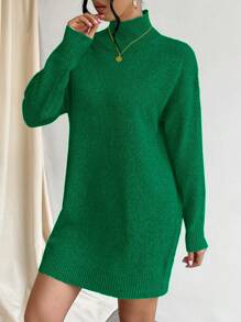 EURMUSE Turtleneck Solid Color Sweater Dress (belt Not Included) - Green - View 5