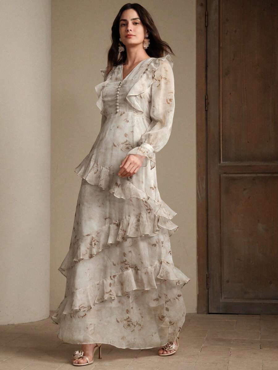 Anewsta 春季、优雅、度假、节日、假日女士度假风格 V 领荷叶边时尚花卉印花连衣裙长款女装 - 咖啡 - 查看 1