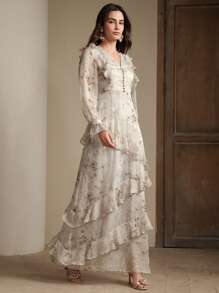 Anewsta 春季、优雅、度假、节日、假日女士度假风格 V 领荷叶边时尚花卉印花连衣裙长款女装 - 咖啡 - 查看 5