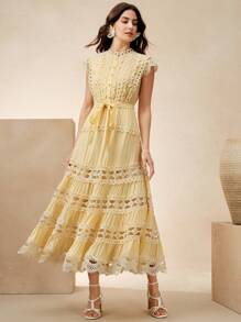 Anewsta Petite Yellow Elegant Waist Ruffle Splice Cap Sleeve Dress For Women - Yellow - View 6