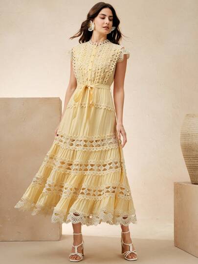 Anewsta Tall Vestido elegante de manga corta con volantes en la cintura y empalme para mujer, color amarillo