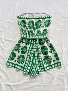 Soleia Green & White Print Halter Romper, Vacation Style - Green - View 2