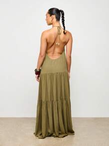 AiiRZ Elegante abito lungo da maxi con scollo ad aletta, a balze, estivo bohémien, ampio, lungo fino ai piedi, senza maniche, effetto lino, per serate, vacanze, matrimoni, adatto per tutte le stagioni