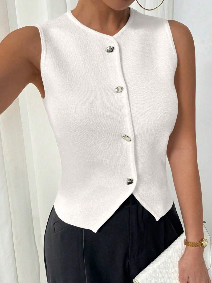 SHEIN Unity 不对称纽扣装饰女式针织背心 - 白色 - View 1