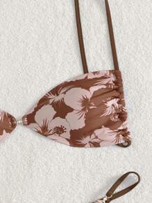 2pcs Floral Print Gold Accessory Tank Top & Spaghetti Strap Bikini Bottom Swimming Suit, Sexy Ladies Summer Vacation Swimwear Set