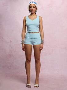 SUMWON WOMEN Notch Neck Ribbed Sleeveless Vest Top And High Waisted Shorts Set Summer Beach Festival Outfit Activewear Lounge - Blue - View 5