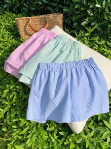 SHEIN LMoss Kids 女童条纹宽松短裤三件套 - 藍色 - 查看 5