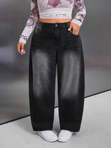 SHEIN ICON Plus Size Fashion Versatile Washed Non-Stretch Cross & Wing Embellished Denim Jeans - Dark Grey - View 4