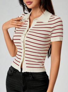 SHEIN PETITE Suéter de botones con rayas estilo "preppy" para mujer - Rojo - Ver 5