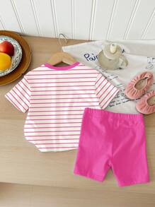 SHEIN Baby Girl Casual Simple Crew Neck Short Sleeve T-Shirt And Snug Fit Shorts Set, Suitable For Spring & Summer - Multicolor - View 2