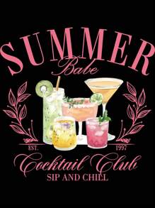 SHEIN LUNE Áo thun tay ngắn in chữ và cocktail cỡ lớn, mùa hè - màu đen - Xem 3